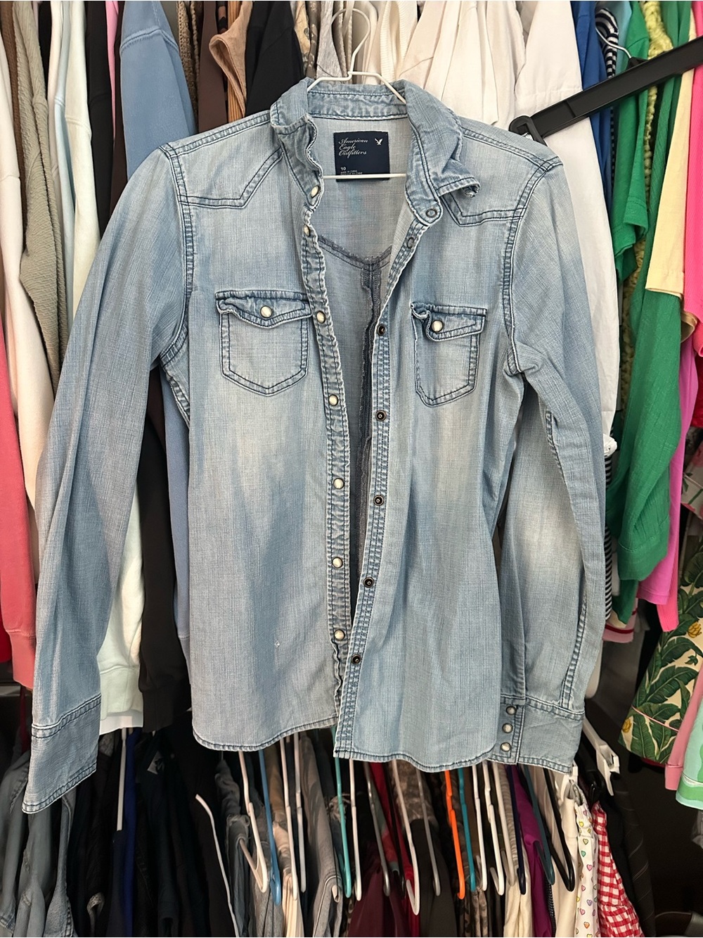 American Eagle Outfitters Light Blue Denim Button-Down Shirt